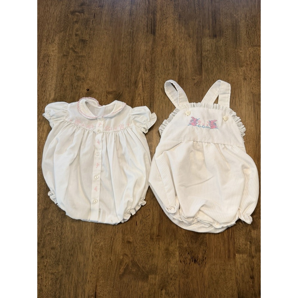 Vintage Heirloom Baby Girl White Smocked Bubble Romper Pink Embroidery Lot Of 2